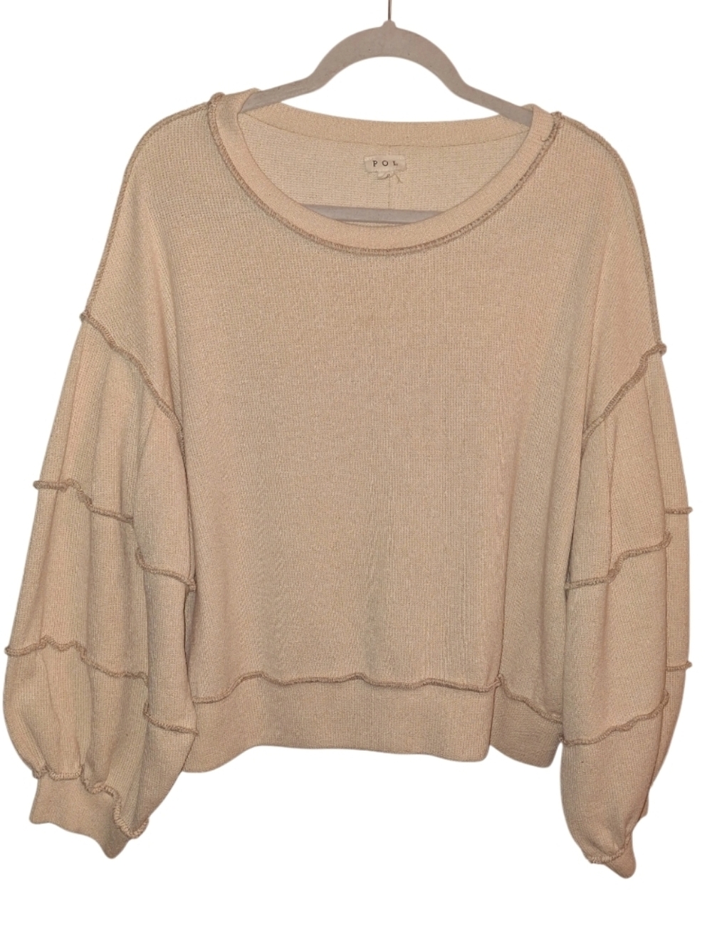 NWOT POL Beige Cream Baggy Puff Sleeve Waffle Knit Like Crewneck Top Size L